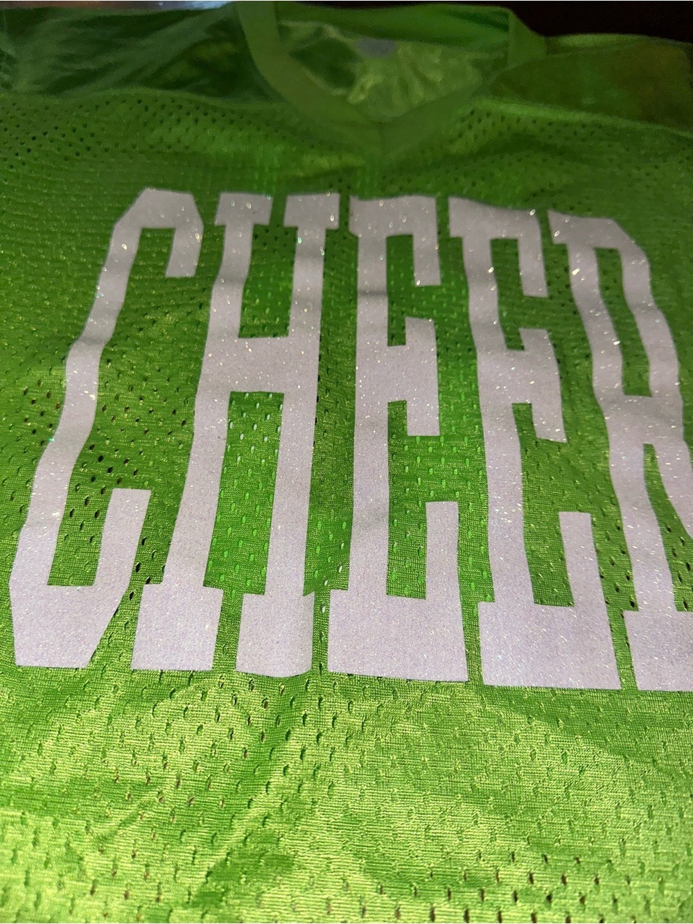 Soffe V-Neck Neon Green 'CHEER' Glitter Mesh Jersey Top - EUC Medium - Picture 3 of 6